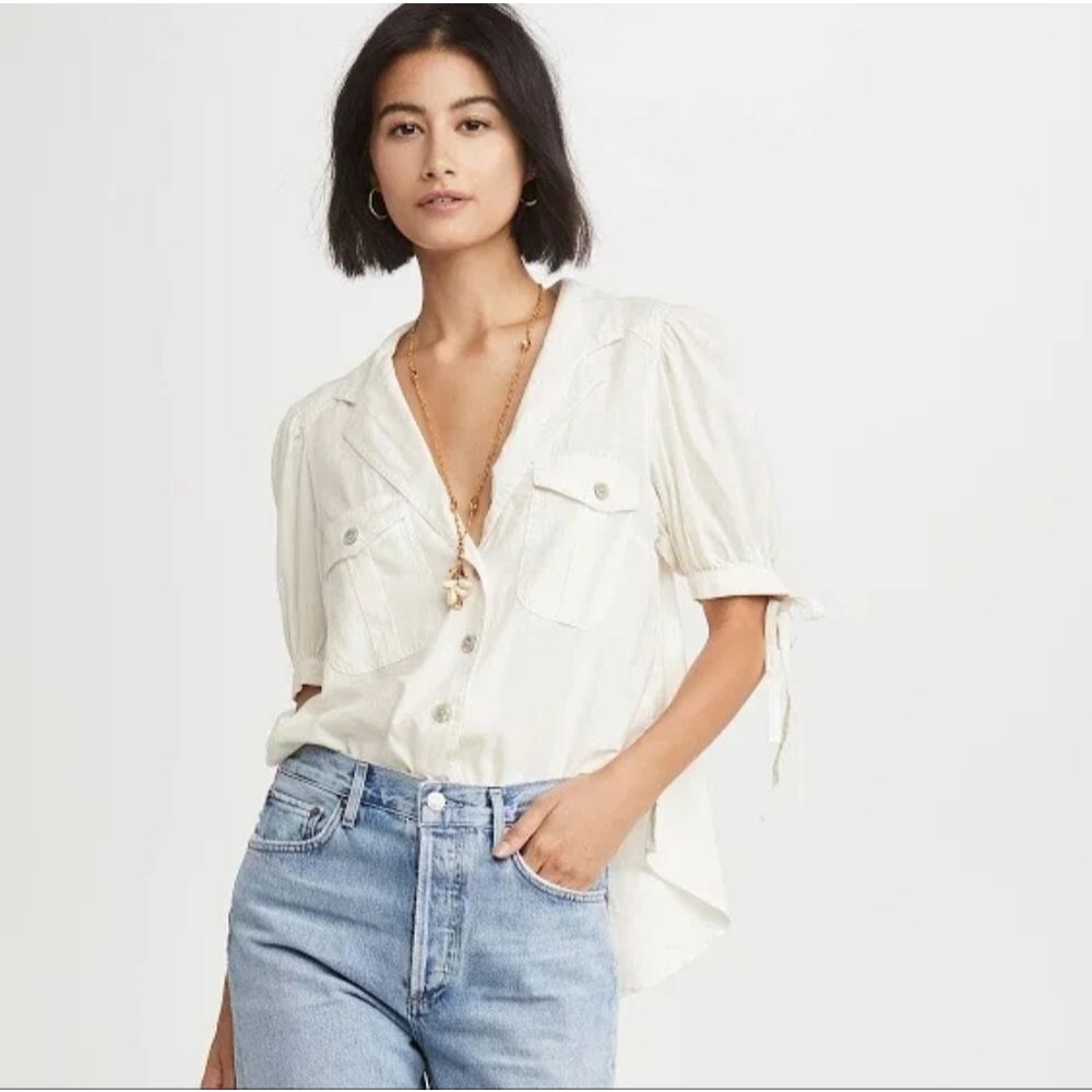 Free People Safari Babe Linen Blend Top In Angel Food White Tie Women Large - Picture 10 of 10